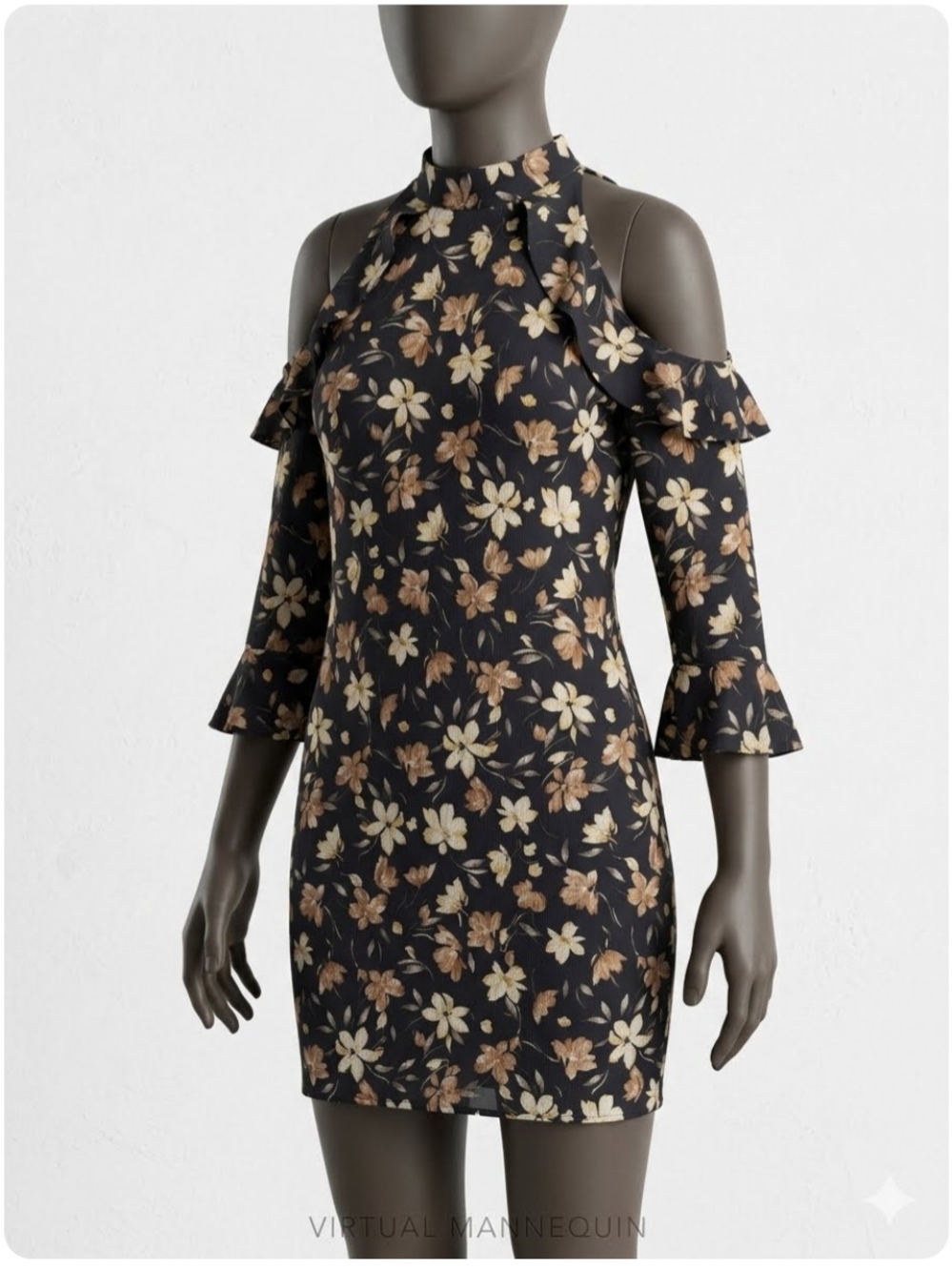 Angie Black Cold-Shoulder Floral Mini Dress